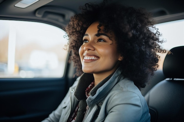 Foto mulher motorista de transporte roda preta carro afro férias interior viagem sorriso auto feliz