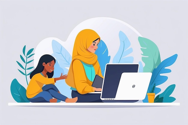 Mulher muçulmana a trabalhar no portátil e a falar com uma rapariga.