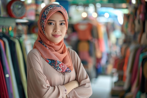 Mulher muçulmana asiática atraente, proprietária de uma boutique de moda.