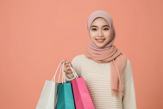 Mulher muçulmana asiática comemora o Dia Mundial dos Direitos do Consumidor com sacos de compras