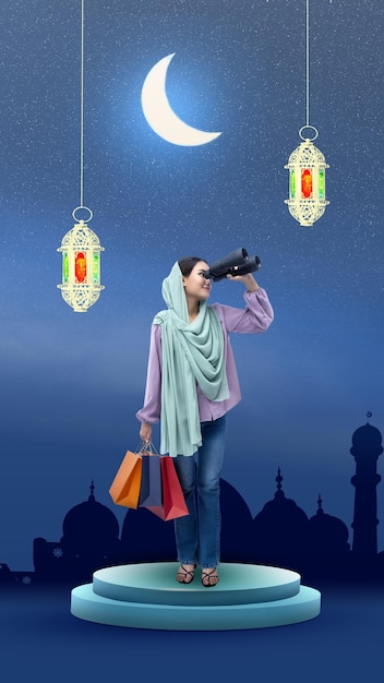 Mulher muçulmana asiática em um lenço na cabeça olhando através de binóculos enquanto segura sacolas de compras