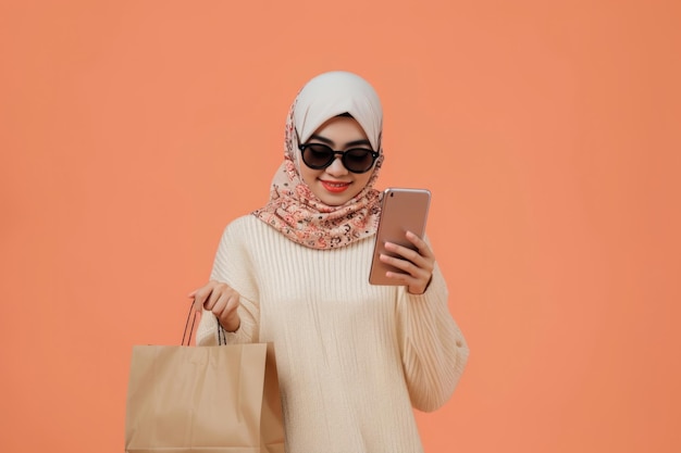 Mulher muçulmana asiática entusiasmada comemora compras no Dia Mundial dos Direitos do Consumidor