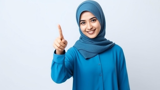 mulher muçulmana com hijab apontando no fundo branco