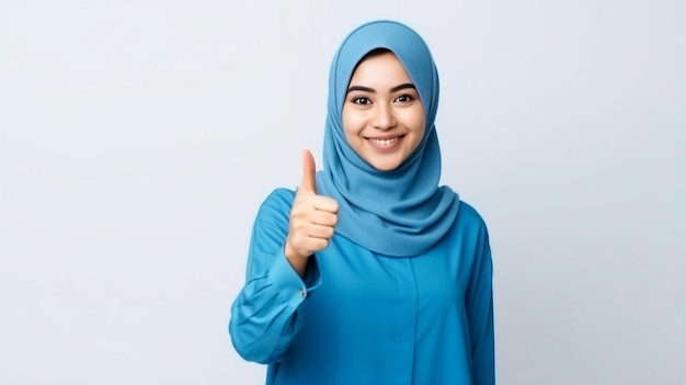 mulher muçulmana com hijab apontando no fundo branco