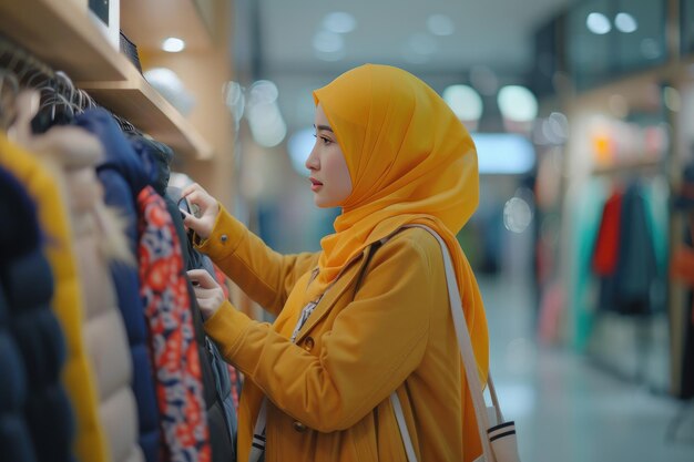 Mulher muçulmana com hijab verificando seu produto de vestido de moda na loja