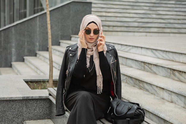 Mulher muçulmana elegante moderna em hijab na rua da cidade