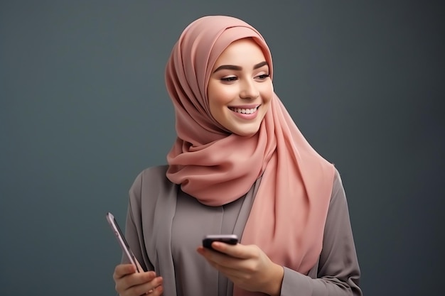Mulher muçulmana em hijab segurando um telefone contra um fundo cinza IA generativa