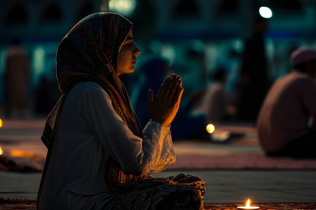 Mulher muçulmana em oração sentada na frente da mesquita na noite do Ramadã com rede neural de foco seletivo