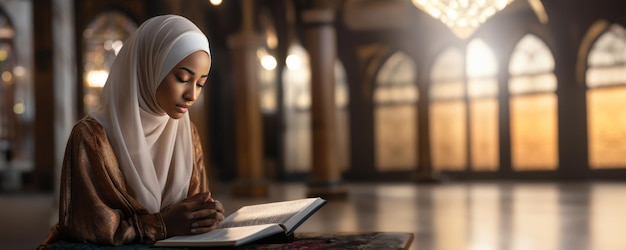 Mulher muçulmana em uma mesquita lendo um livro e contemplando o significado dos versículos