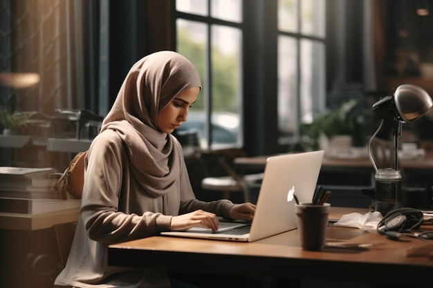 Mulher muçulmana irreconhecível com lenço na cabeça, trabalhando no laptop no escritório