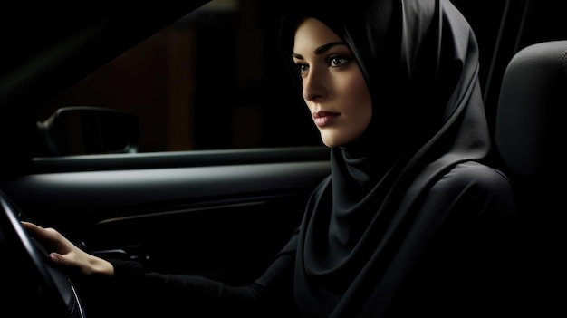 Mulher muçulmana jovem em carro moderno mulher de hijab dirigindo um carro