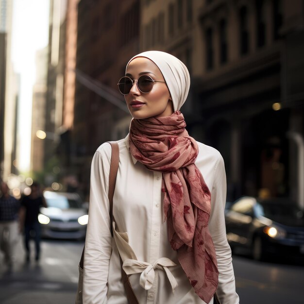 Mulher muçulmana jovem moda islâmica moderna na rua gerada por IA Imagem