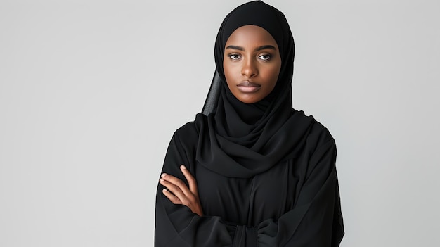 Mulher muçulmana moderna confiante em hijab posando retrato de estúdio refletindo a diversidade cultural na moda Elegança simples Tons neutros AI