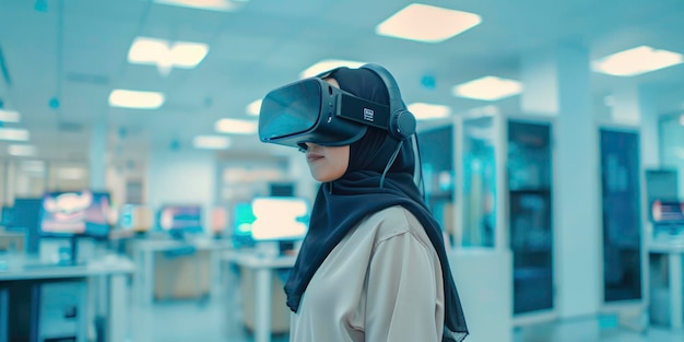 Mulher muçulmana moderna usando fone de ouvido VR para treinamento e educação