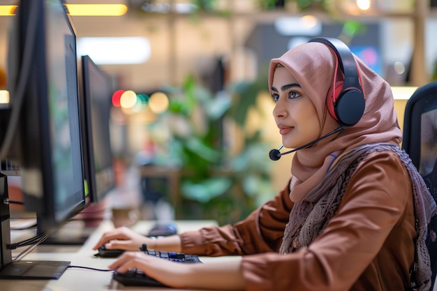 Mulher muçulmana profissional em Tech Support Desk com IA gerada