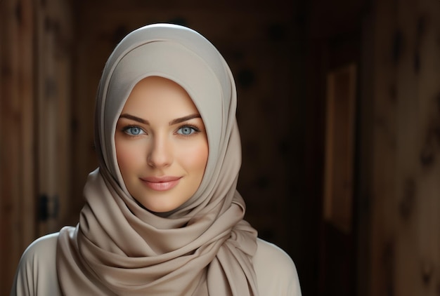 Mulher muçulmana radiante em uma foto de cabeça vestindo hijabs quentes e elegantes com um sorriso bonito imagens islâmicas