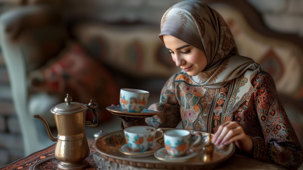 Mulher muçulmana tradicional servindo café turco e deliciosas sobremesas em casa