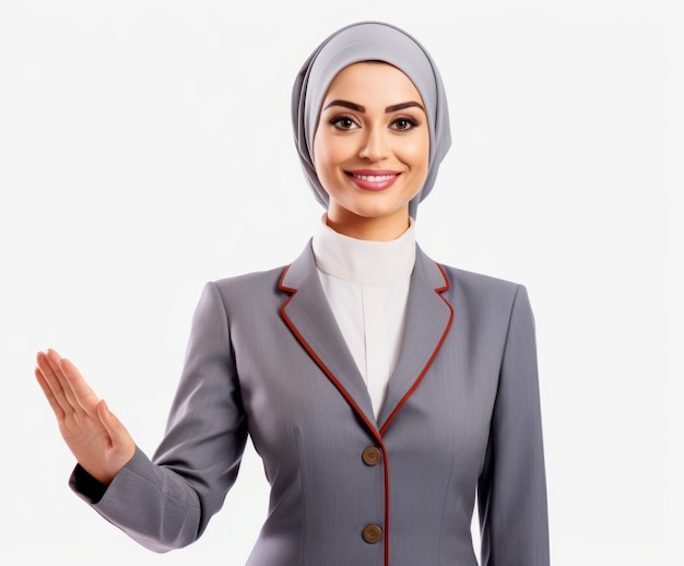 Mulher muçulmana vestindo uniforme com expressão sorridente enquanto acena com a mão