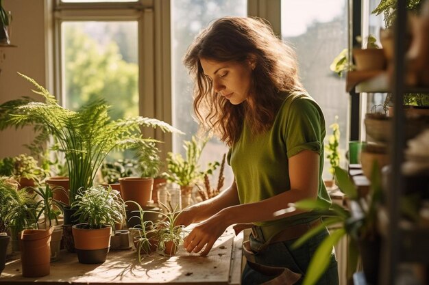 Foto mulher mudando vasos de suas plantas em casa durante a quarentena