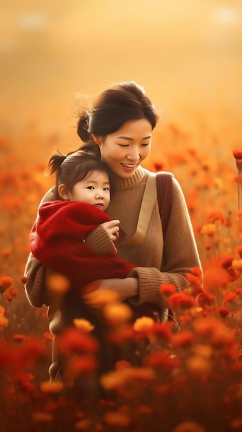 Mulher muito magra em vestido vermelho de outono posando com seu filhozinho no feijo de abóboras AI generativa
