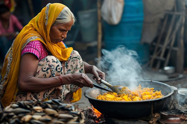 Foto mulher muito pobre cozinhando poucos alimentos em uma cozinha improvisada