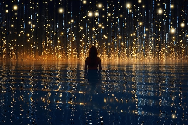 Mulher na água com luzes e reflexos horizontais
