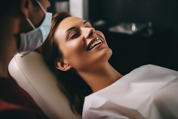 Mulher na cadeira do dentista sorrindo com dentes bonitos com a dentista na cadeira dentária na clínica