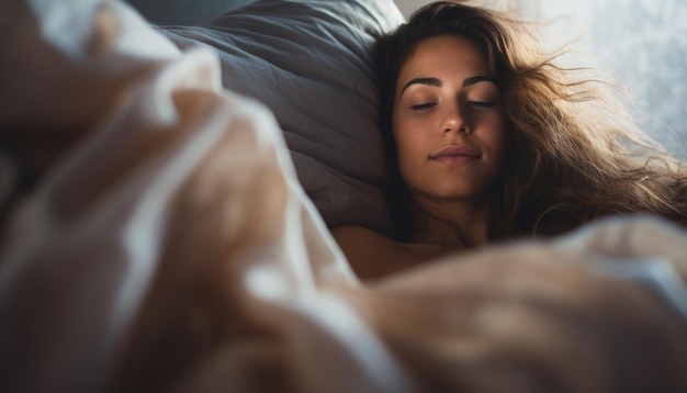 Foto mulher na cama conceito de desfrutar da manhã fundo com foco seletivo e espaço de cópia