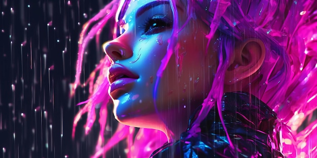 Mulher na chuva em estilo de cor neon Linda imagem de ilustração IA generativa