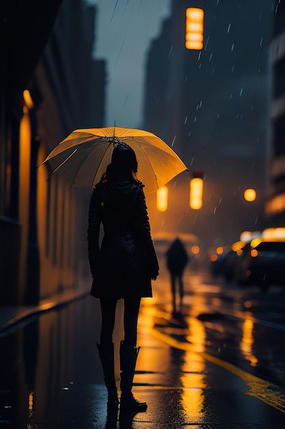 Mulher na cidade à noite com chuva Generative AI