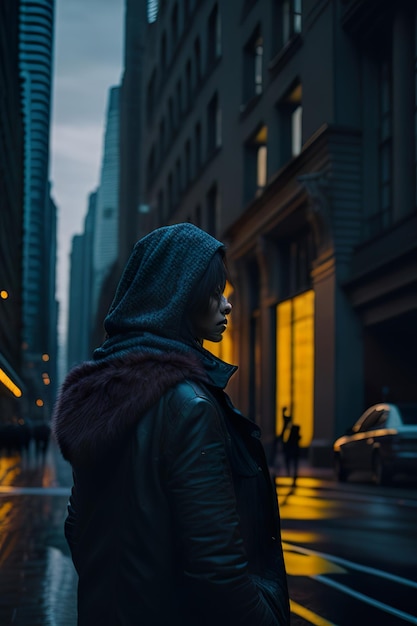 Mulher na cidade à noite com chuva IA generativa