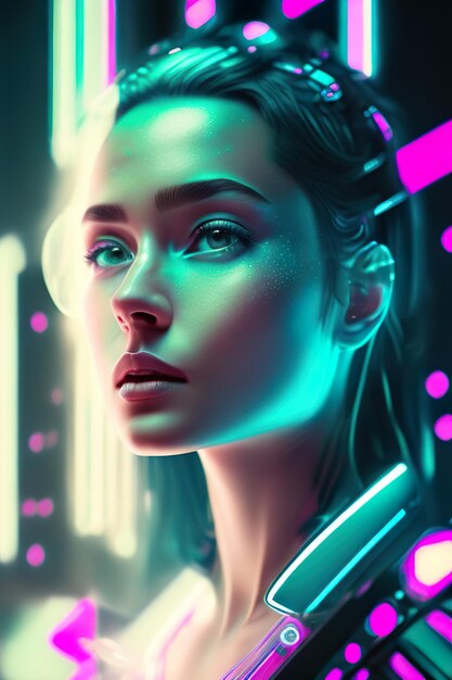 Mulher na cidade futurista de cyberpunk com luzes de neon ao fundo Generative AI