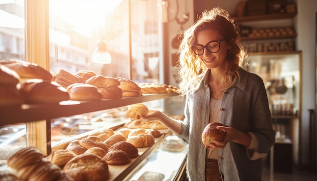 Foto mulher na confeitaria hipster com doces