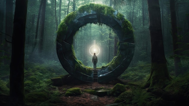 Mulher na floresta caminhando em direção a um objeto misterioso portal de outro mundo floresta ainda cinematográfica