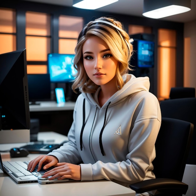 mulher na mesa do computador olhando para frente