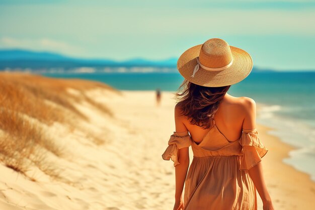 mulher na praia com chapéu