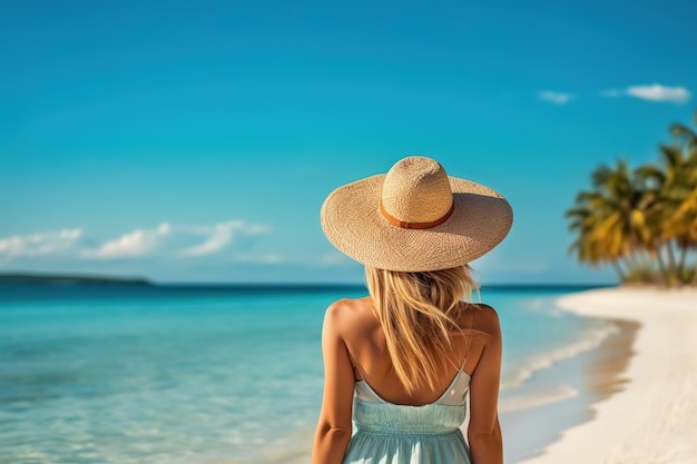 mulher na praia com chapéu