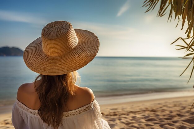 Foto mulher na praia com chapéu