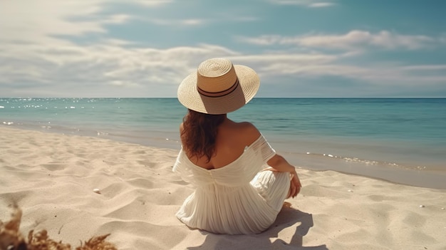 mulher na praia com chapéu