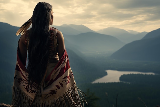 Mulher nativa americana de conexão sagrada em Regalia olhando para a majestade da montanha