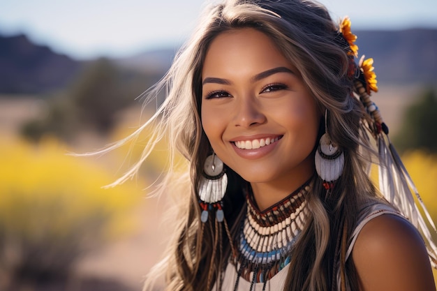 Foto mulher nativa americana feliz no campo jovem indígena navajo sorrindo