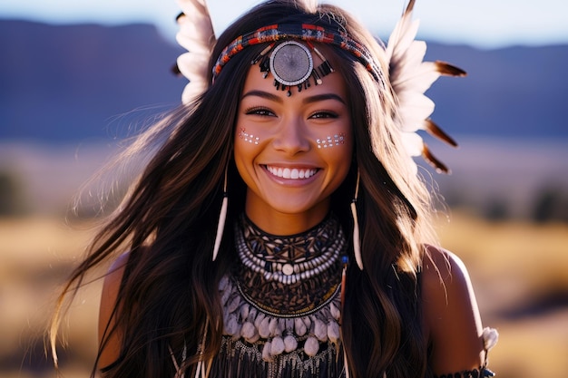 Foto mulher nativa americana feliz no campo jovem indígena navajo sorrindo