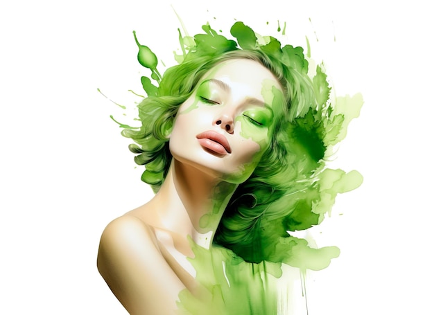Foto mulher natural com elementos verdes abstratos