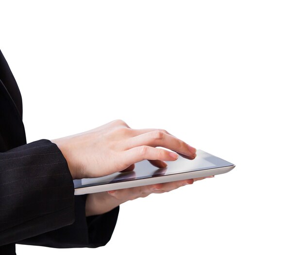 Mulher negócio, usando, tablete digital, branco, fundo