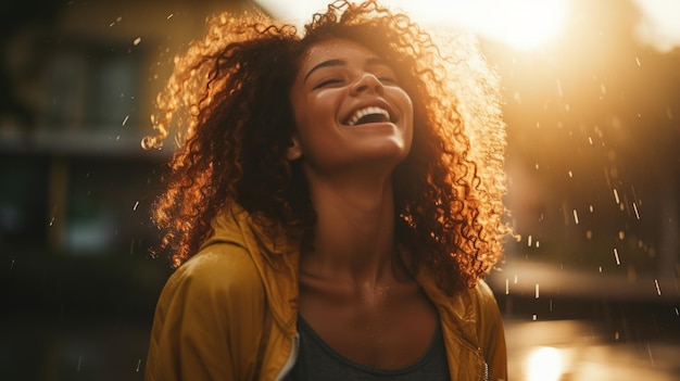 Foto mulher negra adolescente fotorrealista com ilustração de cabelo ruivo cacheado