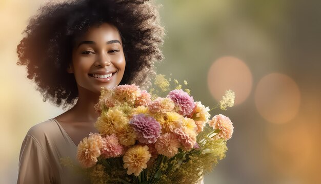 Foto mulher negra africana com buquê de flores conceito de dia dos namorados