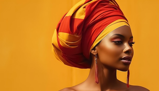 Foto mulher negra africana de turbante em fundo colorido