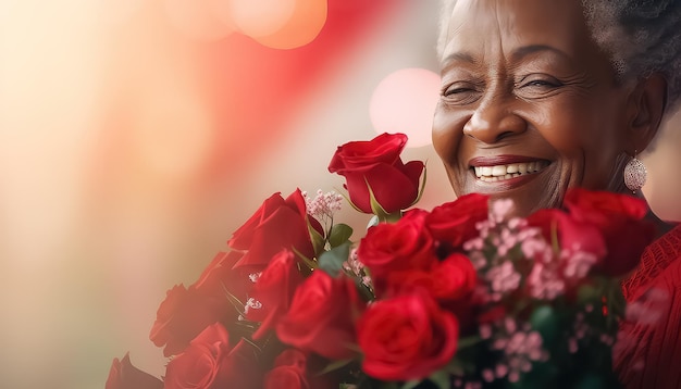 mulher negra africana idosa com um buquê de rosas vermelhas conceito de dia de São Valentim