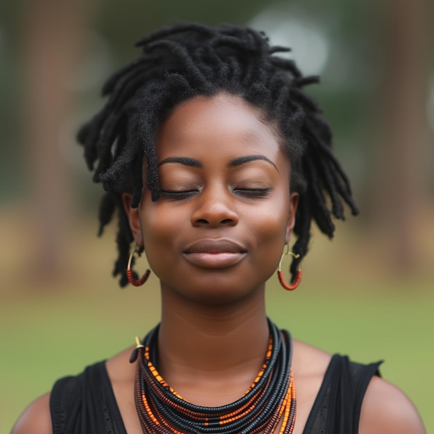 Mulher negra africana rosto olhos fechados paz jóias cachos cabelo escuro meditação