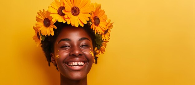 Foto mulher negra afro-americana cabeça com flores conceito de psicologia de boa saúde mental calma saudável